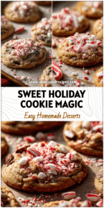 Close-up of Peppermint Kitchen Sink Cookies topped with crushed candy canes on a Christmas baking tray.